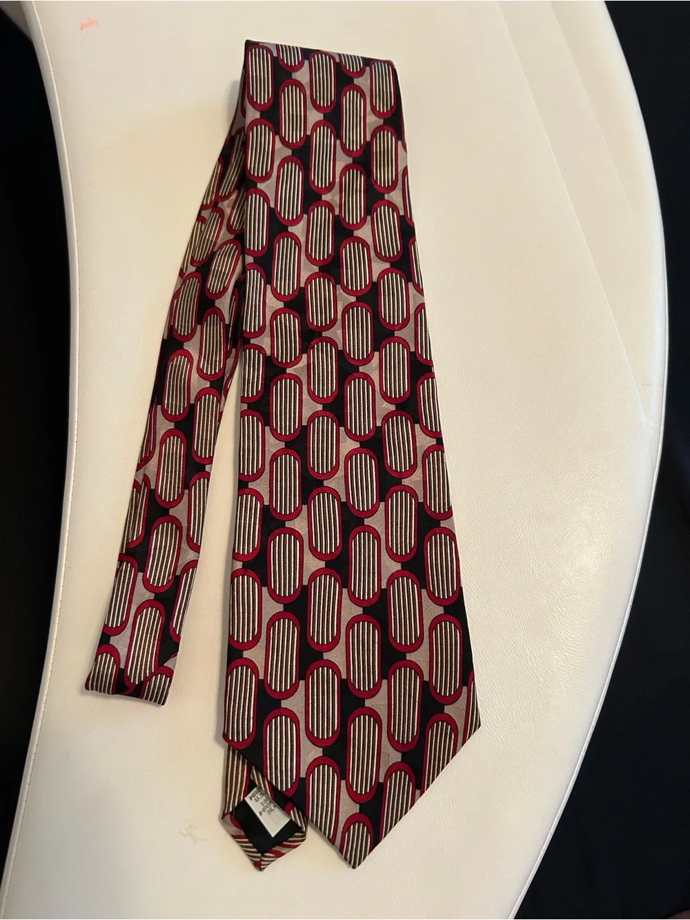Vintage Oscar de la Renta Geometric Tie Burgundy Black Retro Silk